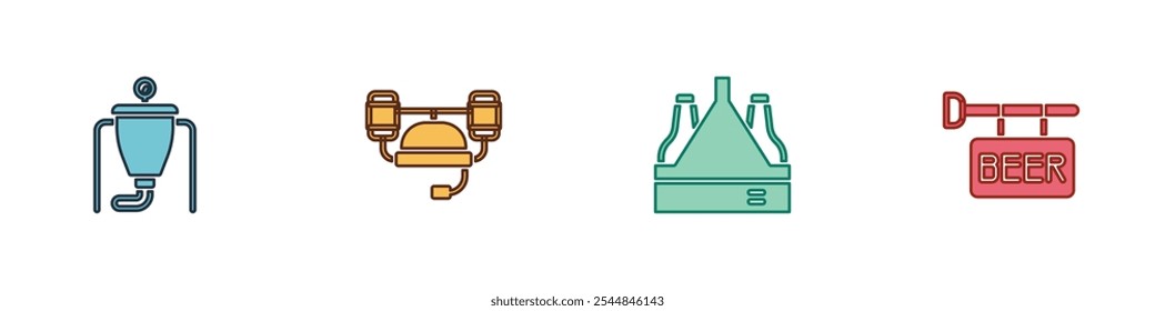 Set Beer brewing process, helmet, Pack of beer bottles and Street signboard with icon. Vector