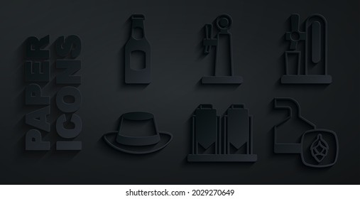 Set Beer brewing process, tap with glass, Oktoberfest hat,  and bottle icon. Vector