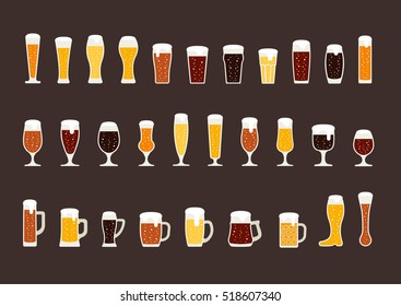 Set Of Beer With Bubbles In Glasses And Mugs. Vector