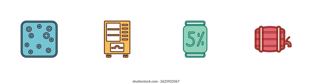 Set Beer bubbles, Vending machine, can and Wooden barrel on rack icon. Vector