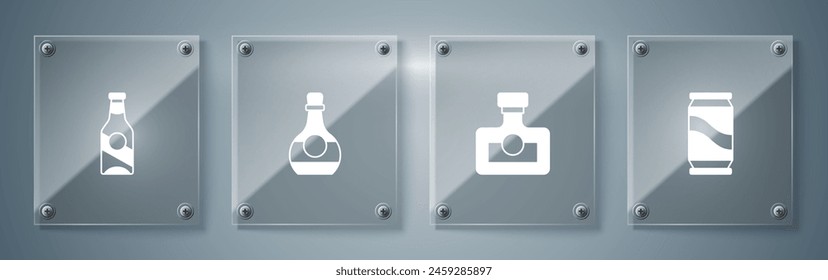 Set Beer can, Alcohol drink Rum, Bottle of cognac or brandy and bottle. Square glass panels. Vector