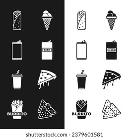 Set Beer can, Aluminum, Burrito, Ice cream waffle cone, Glass with water, Slice of pizza, Nachos and  icon. Vector