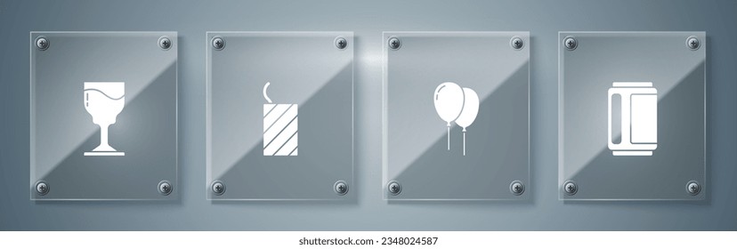 Set Beer can, Balloons with ribbon, Firework rocket and Wine glass. Square glass panels. Vector