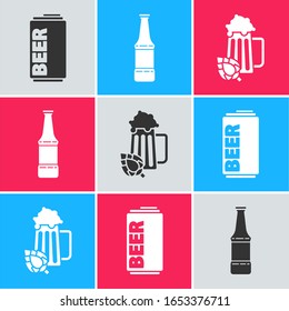 Set Beer can, Beer bottle and Glass of beer and hop icon. Vector