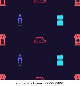 Set Beer can, Bottle of water, Taco with tortilla and Pizzeria building facade on seamless pattern. Vector