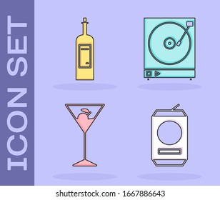 Set Beer can , Bottle of wine , Martini glass  and Vinyl player with a vinyl disk  icon. Vector