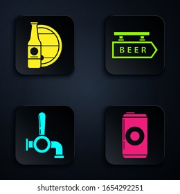 Set Beer can, Beer bottle and wooden barrel, Beer tap and Street signboard with inscription Beer. Black square button. Vector