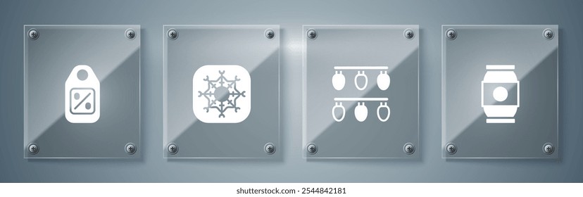 Set Beer can, Christmas lights, Snowflake and Price tag with Sale. Square glass panels. Vector