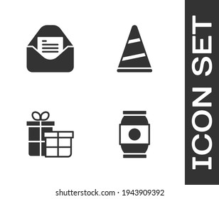 Set Beer can, Christmas party invitation card, Gift box and Party hat icon. Vector