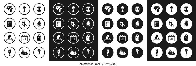 Set Beer can, Christmas stocking, New year goals list, Winter scarf, tree, star, Price tag with Sale and Santa Claus hat icon. Vector