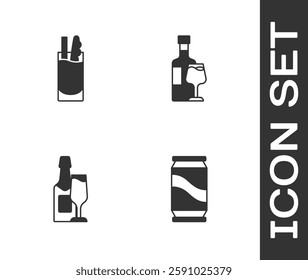 Set Beer can, Cocktail Bloody Mary, Champagne bottle and glass and Wine with icon. Vector