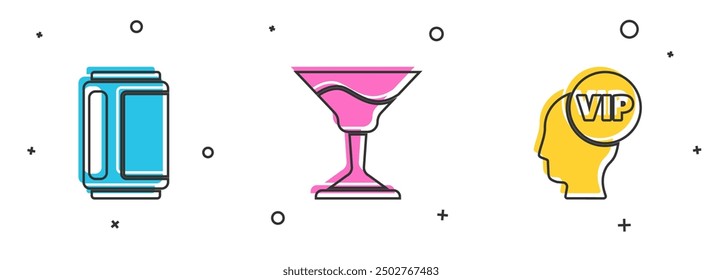 Set Beer can, Cocktail and Vip inside head icon. Vector