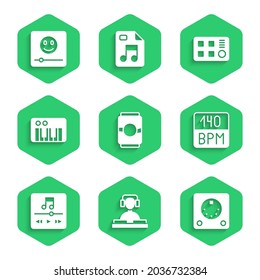 Set Beer can, DJ playing music, Drum machine, Bitrate, Music player, synthesizer,  and  icon. Vector