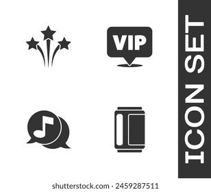 Set Beer can, Firework, Musical note in speech bubble and Location Vip icon. Vector