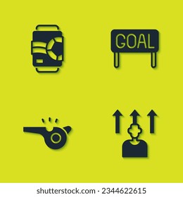 Set Beer can, Football or soccer player, Whistle and Goal football icon. Vector