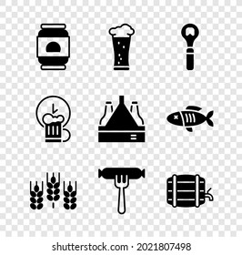 Set Beer can, Glass of beer, Bottle opener, Wheat, Sausage on the fork, Wooden barrel rack, Happy hour and Pack bottles icon. Vector