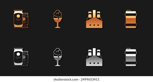 Set Beer can, Glass of beer, Pack bottles and Metal keg icon. Vector