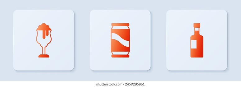 Set Beer can, Glass of beer and Wine bottle. White square button. Vector