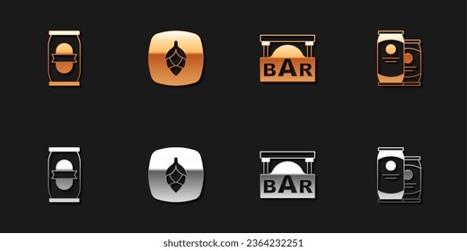 Set Beer can, Hop, Street signboard with Bar and  icon. Vector