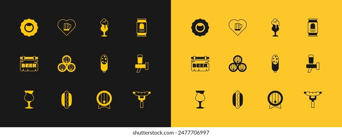 Set Beer can, Hotdog sandwich, Salami sausage, Wooden barrel on rack, Glass of beer, Bottle opener and Heart with glass icon. Vector