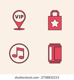 Set Beer can, Location Vip, Paper shopping bag and Music note, tone icon. Vector