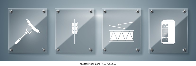 Set Beer can, Musical instrument drum and drum sticks, Cereals set with rice, wheat, corn, oats, rye, barley and Sausage on the fork. Square glass panels. Vector