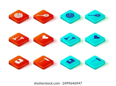 Set Beer can, Paper mustache on stick, Dart arrow, Balloon in form of heart, Maracas and Classic dart board and icon. Vector