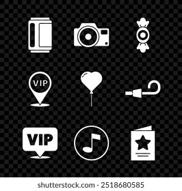 Set Beer can, Photo camera, Candy, Location Vip, Music note, tone, Greeting card,  and Balloon form of heart icon. Vector