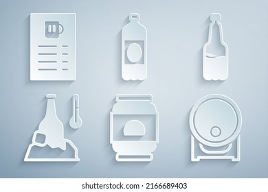 Set Beer can, Plastic beer bottle, Cold, Wooden barrel on rack,  and menu icon. Vector