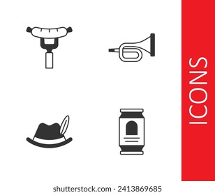 Set Beer can, Sausage on the fork, Oktoberfest hat and Trumpet icon. Vector