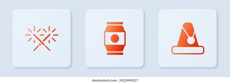 Set Beer can, Sparkler firework and Christmas Santa Claus hat. White square button. Vector