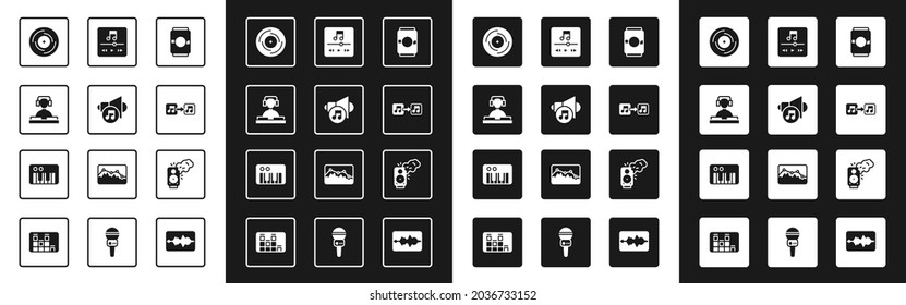 Set Beer can, Speaker Volume, DJ abspielen Musik, Vinyl Disc, Musik Note, Ton, Player, Stereo-Lautsprecher und Synthesizer Symbol. Vektorgrafik