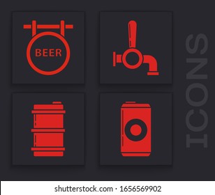 Set Beer can, Street signboard with inscription Beer, Beer tap and Metal beer keg icon. Vector