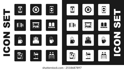 Set Beer can, Street signboard with Pub, Wooden barrel, brewing process, Bottle cap beer, Glass of and mug icon. Vector