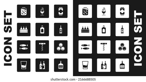 Set Beer can, Whiskey bottle, Bottles of wine in wooden box, Pickled cucumbers jar, Glass vodka, Cocktail, Wooden barrels and Dried fish icon. Vector