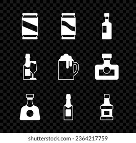 Caña de cerveza, botella de vino, tequila, champán, whisky, e icono de jarra de cerveza de vidrio y madera. Vector