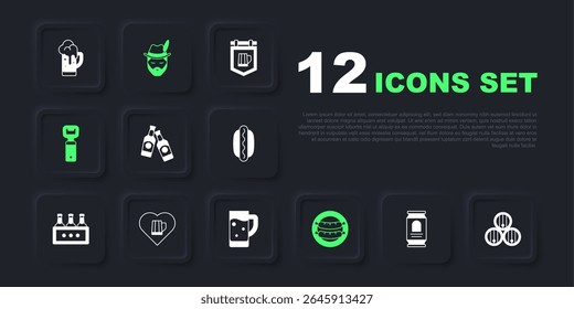 Set Beer can, Wooden barrel, bottle, Sausage, Bottle opener, Heart with glass of beer, Oktoberfest man and Glass icon. Vector