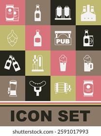 Set Beer can, Wooden beer mug, bottle and, brewing process, Hop,  and Street signboard with Pub icon. Vector