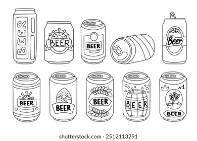 Set of beer cans in doodle style on white background. Oktoberfest concept. Beer festival concept. Drinks concept.