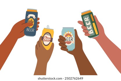 Set of beer cans in human hands different skin tones isolated on white background. Oktoberfest concept. Beer festival concept. Friendship concept.