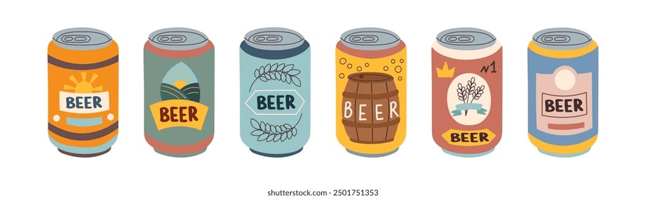 Set of beer cans isolated on white background. Oktoberfest concept. Beer festival concept. Drinks concept.