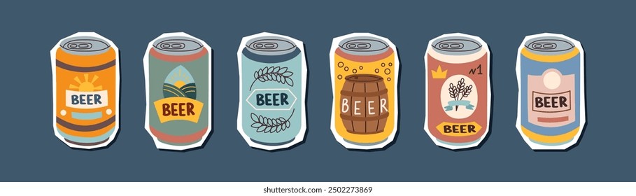 Set of beer cans stickers isolated on blue background. Oktoberfest concept. Beer festival concept. Drinks concept.	