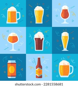 Set of beer. Collection of glasses, cups, mugs and bottles with alcoholic drinks with foam. Background for cover, poster or banner. Cartoon flat vector illustrations isolated on blue backdrop