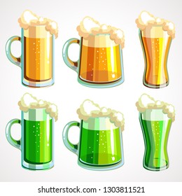 Set of beer the day of St. Patrick, green and light beer. Vector illustration.