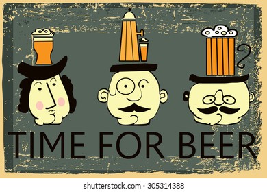 Set for beer design with cartoon men,lady and text on vintage background.Tree characters for beer design.Vintage style.