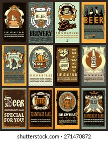 Set for beer design contains images of beer mugs,beer bottle,cartoon character man,escutcheons,ship,mermaid,brewery and place for text. Set for beer design. Vintage style.