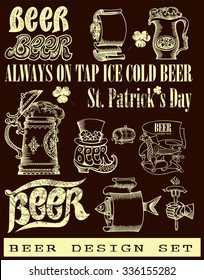 Set for beer design . Set contains images of beer mugs, beer tun,text,scroll. Chalkboard style.