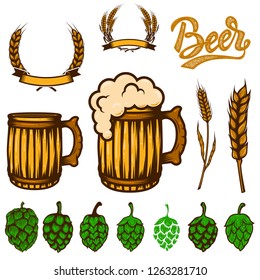 Set of beer design elements. Wheat spikelets, beer hop,mugs. For logo, label, emblem, sign, poster, banner, flyer.Vector image