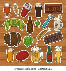 Set of beer doodles. Hand drawn craft beer icons on a wooden background