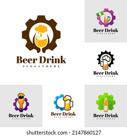 Set of Beer drink with Gear logo design vector, Creative Beer drink logo design Template Illustration